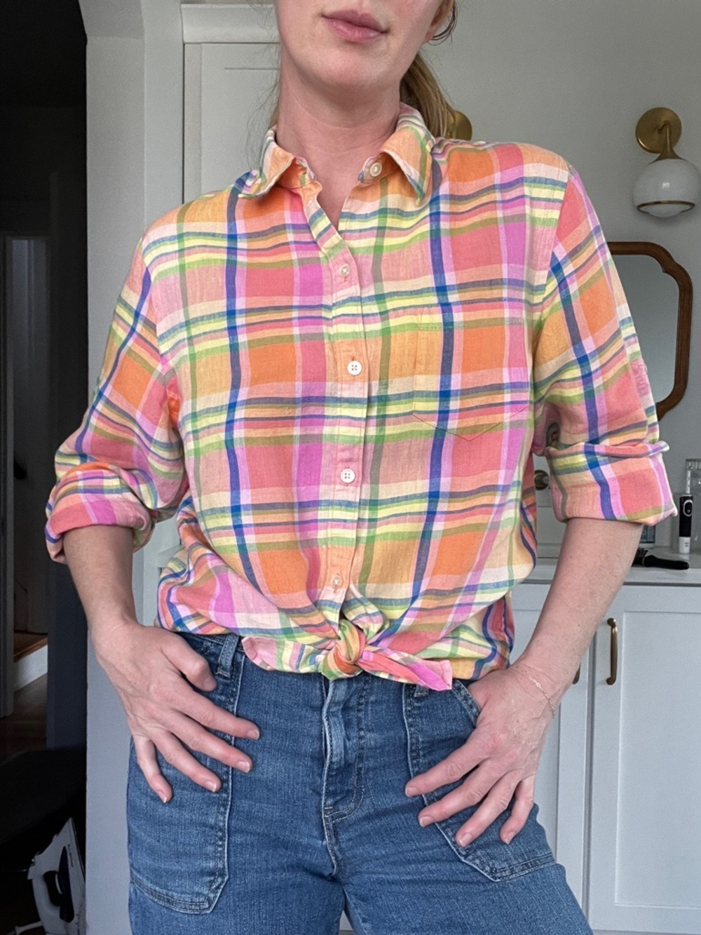 Jones New York Pink & Orange Plaid Button-Down Shirt